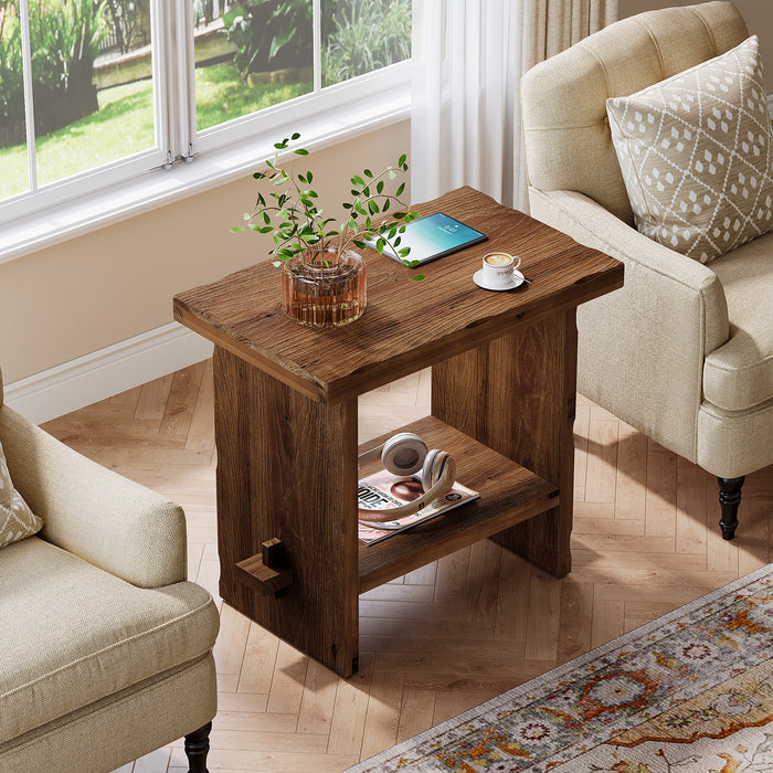 60cm Side Table, 2-Tier Solid Wood Compact Nightstand for Living Room