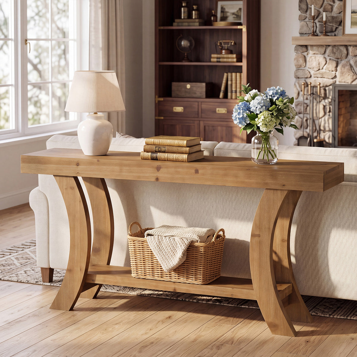 160cm Console Table, Solid Wood Hallway Table with Storage & Arched Frame