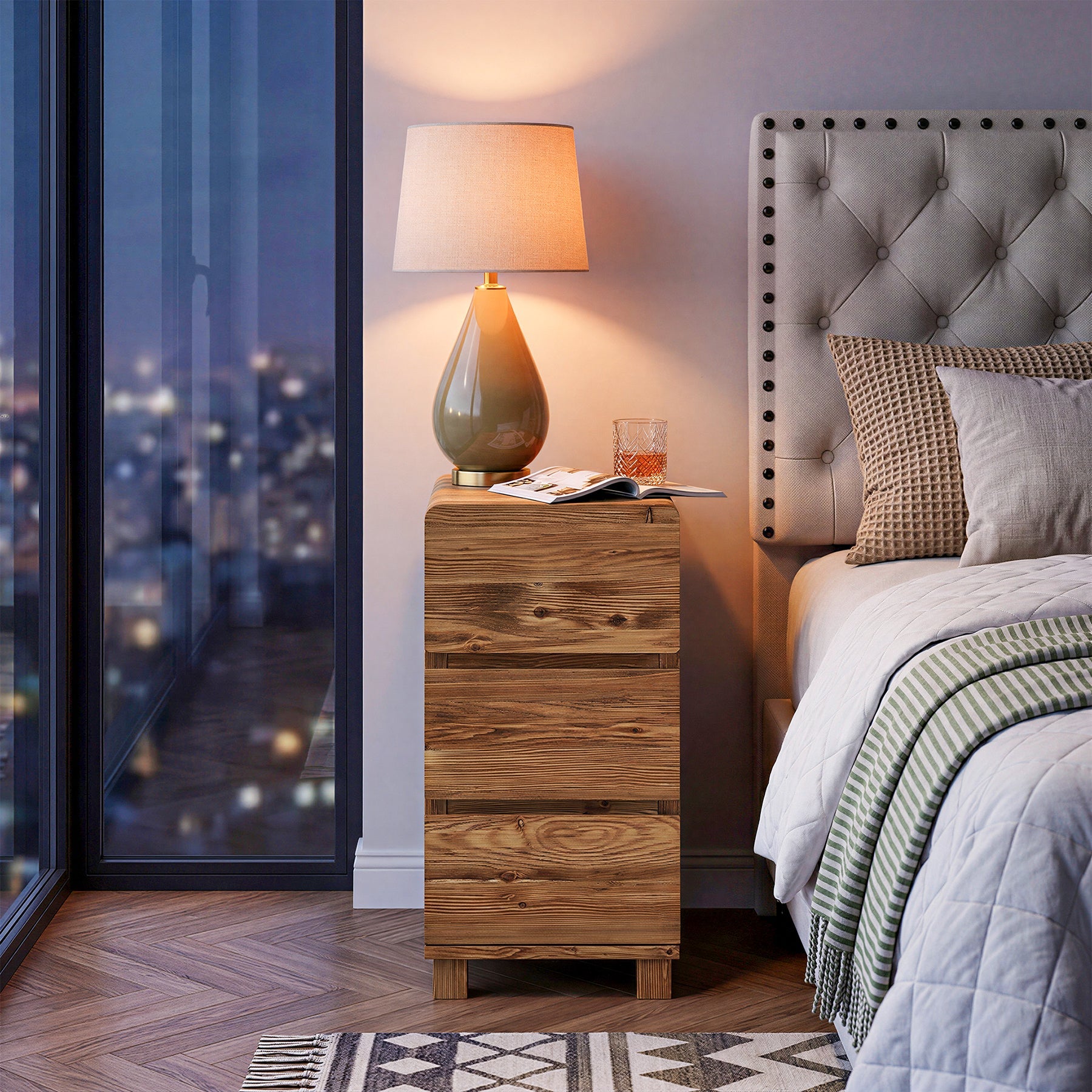 60cm 3-Drawer Nightstand, Solid Wood Bedside Table for Bedroom