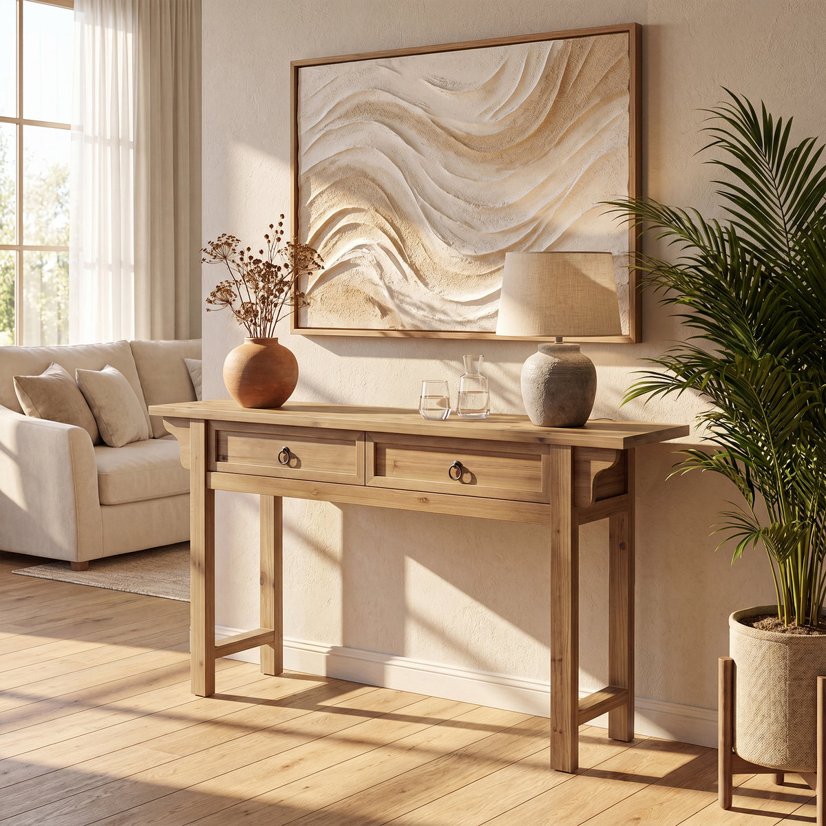 160cm Console Table, Solid Wood Narrow Hallway Table with 2 Drawers & Storage
