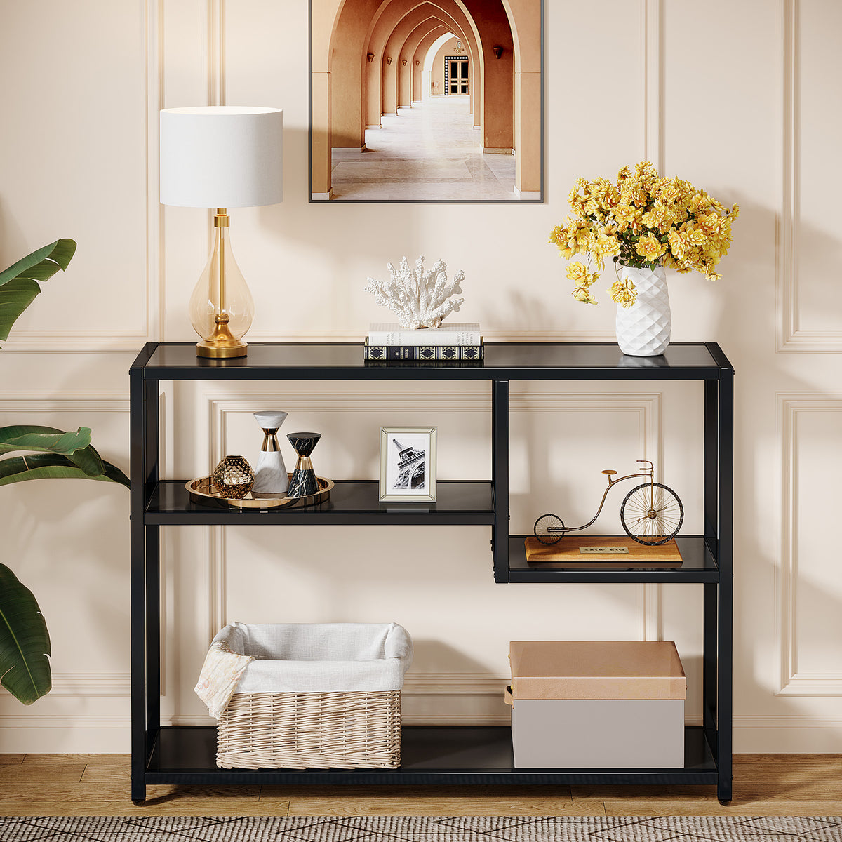 110cm Console Table, 4-Tier Black Entryway Storage Shelf with Metal Frame