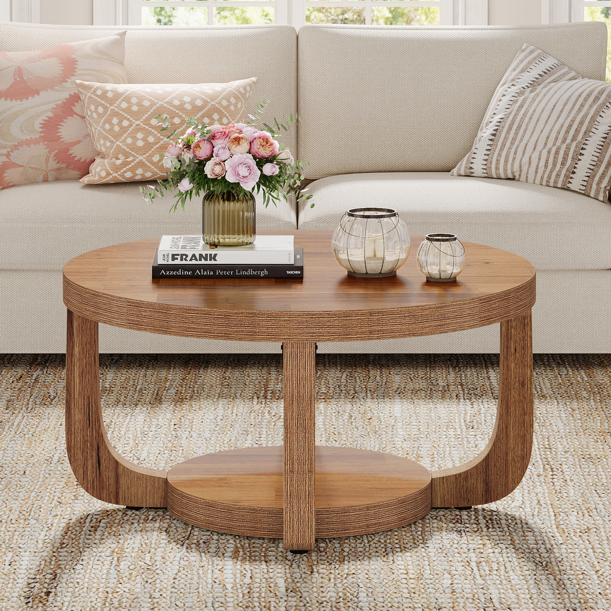 80cm Round Coffee Table, 2-Tier Storage Coffee Table for Living Room & Bedroom