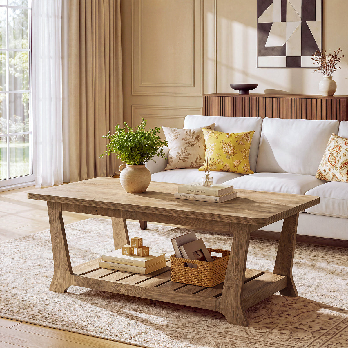 120cm Rectangle Coffee Table, Farmhouse Centre Table with Shelves for Living Room