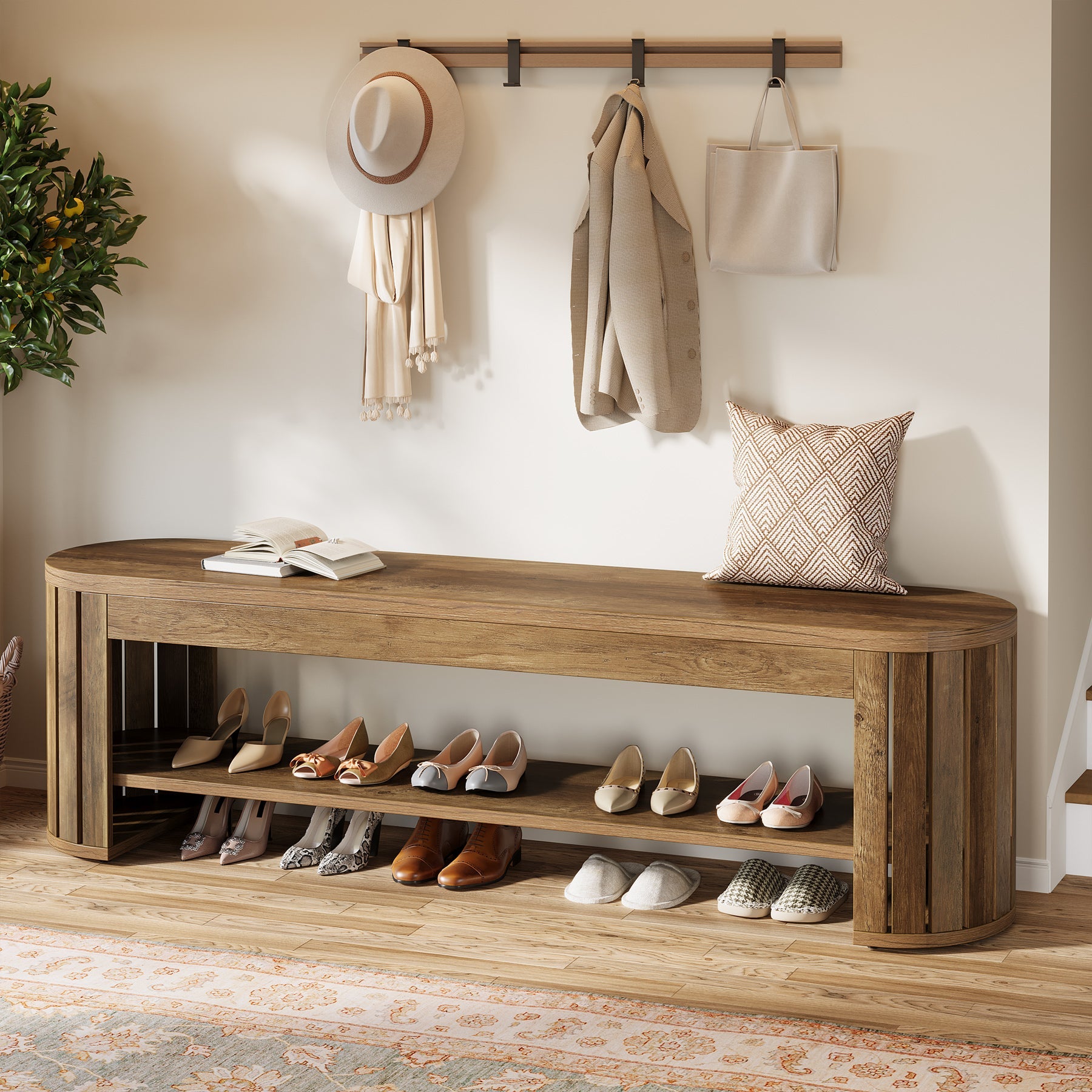 63" Wooden Shoe Bench with 2-Tier Storage, Narrow Entryway Bench for Entrance and Hallway