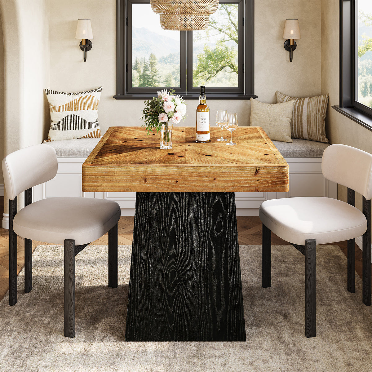80cm Square Dining Table, Industrial Solid Wood Kitchen Table with Parquet Top & Tapered Base