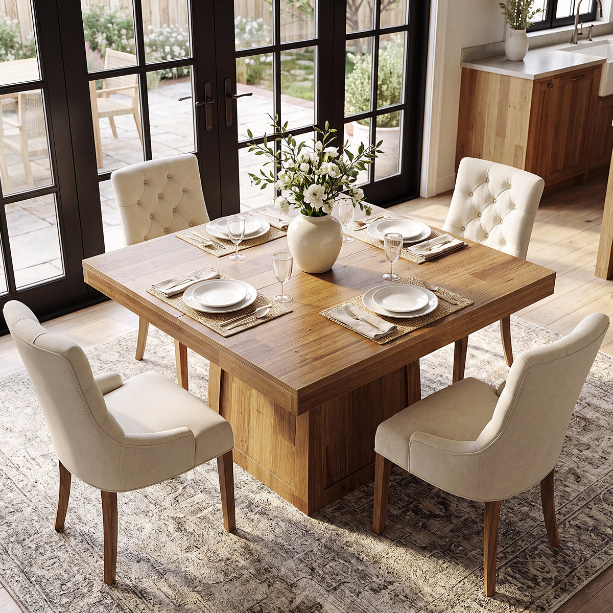 80cm Square Dining Table, Farmhouse Dinner Table with Trapezoidal Base for 2-4