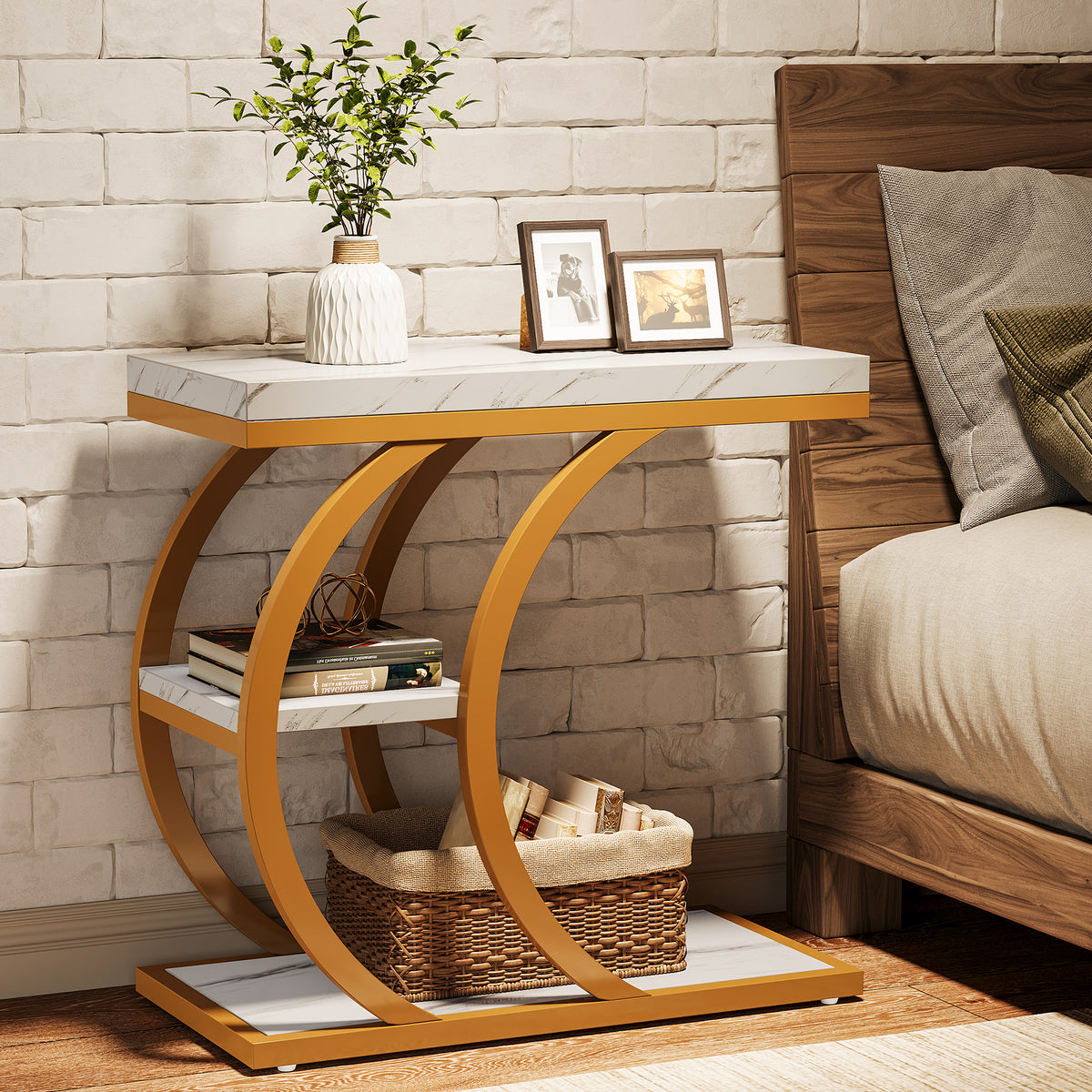 60cm End Table, 3-Tier Couch C-Shaped Side Table with Storage