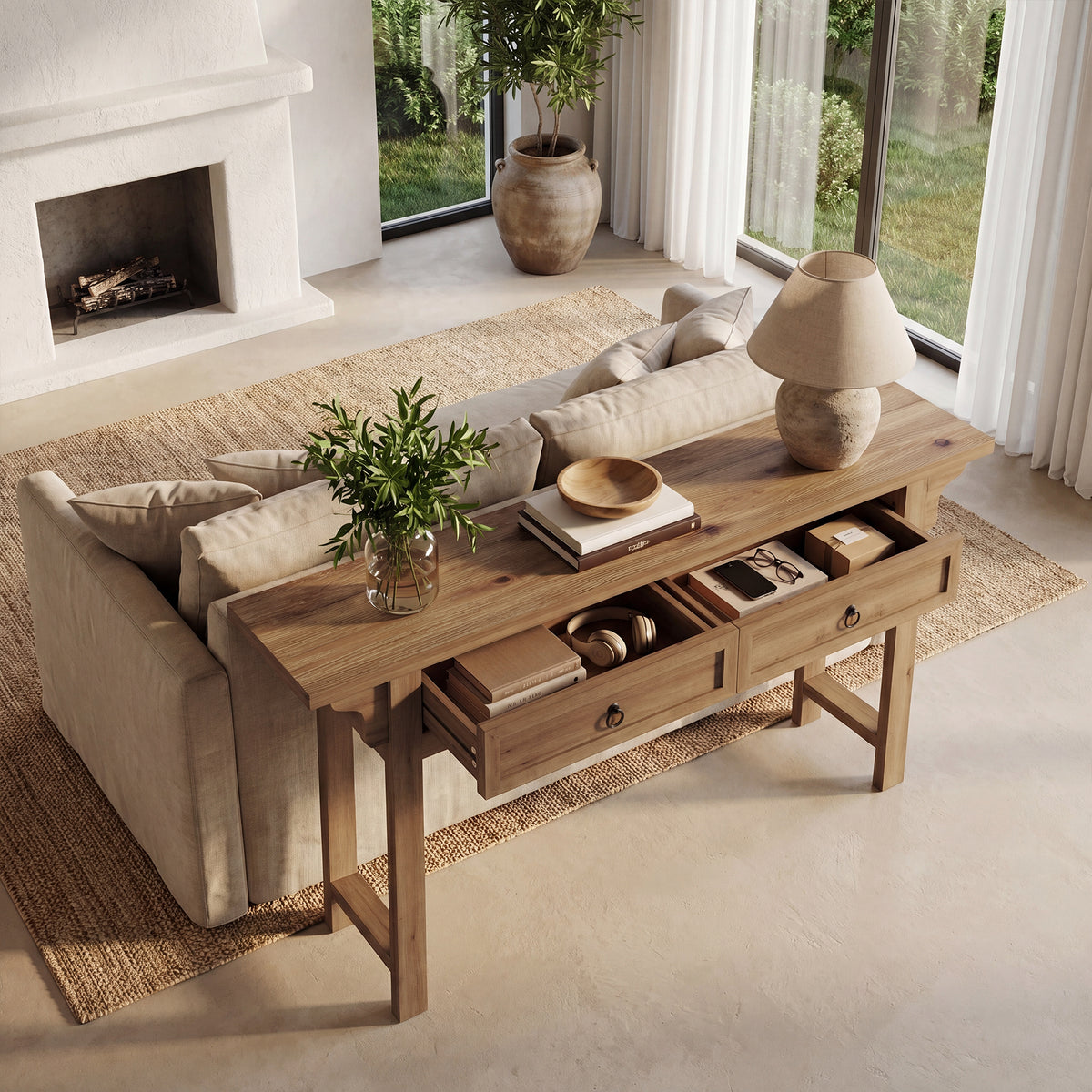 160cm Console Table, Solid Wood Narrow Hallway Table with 2 Drawers & Storage