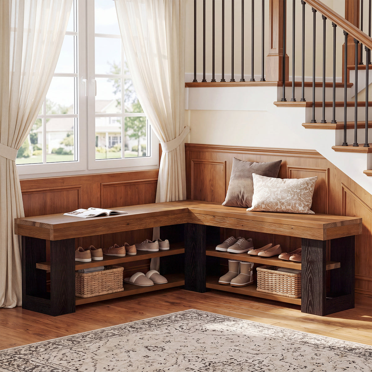 120cm L-Shaped Corner Bench, 3-Tier Solid Wood Entryway Bench for Hallway Mudroom