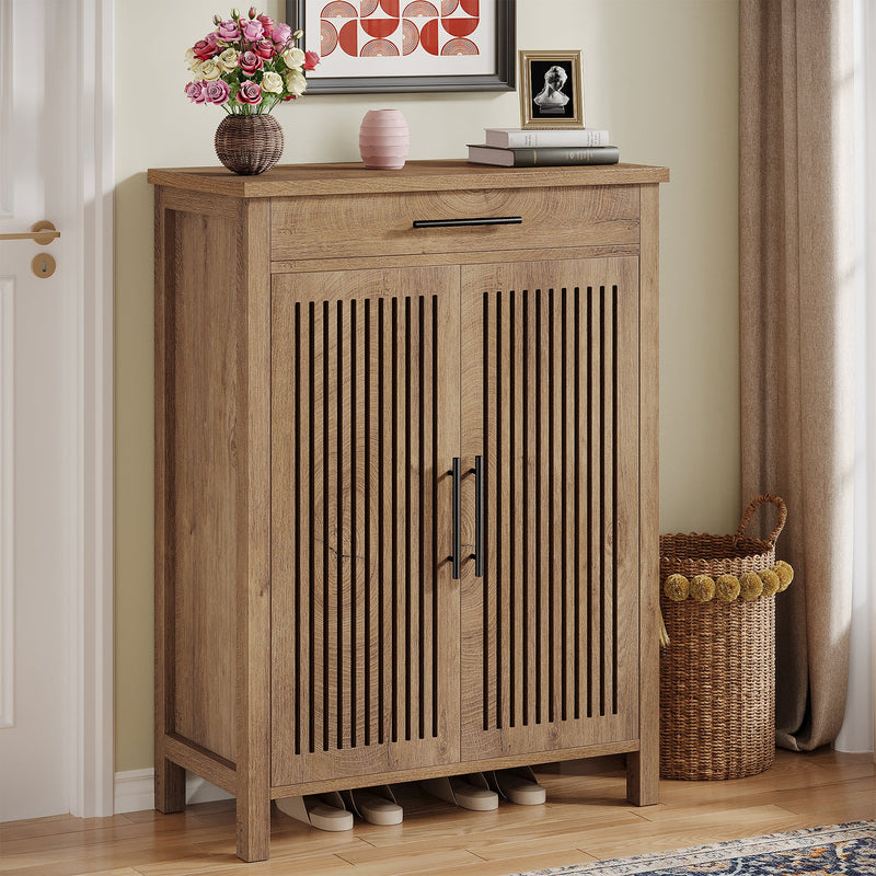 5-Tier Shoe Cabinet, Louvered Door Storage Organizer with Drawer Shelves