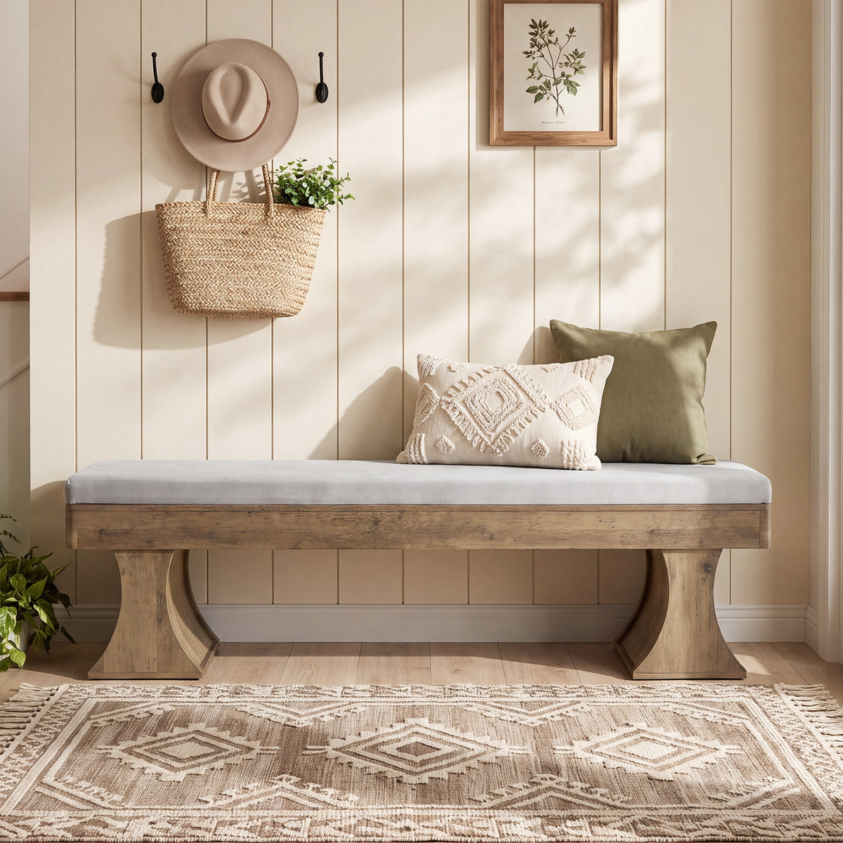 161cm Entryway Bench, Farmhouse Dining Bench with Cushion for Hallway Kitchen