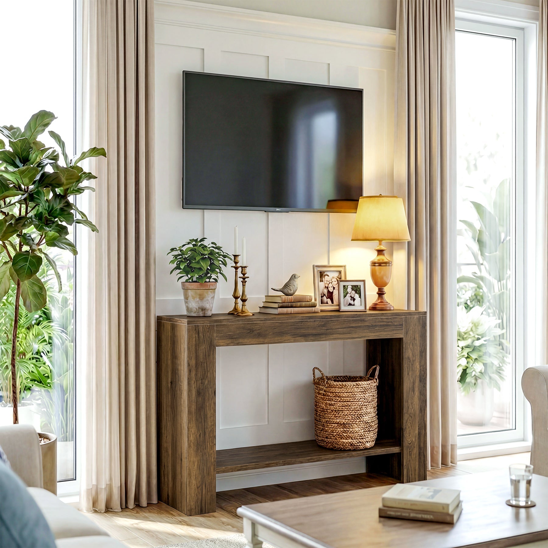 105cm Farmhouse Console Table with 2-Tier Shelf, Narrow Entryway Sofa Table with Storage
