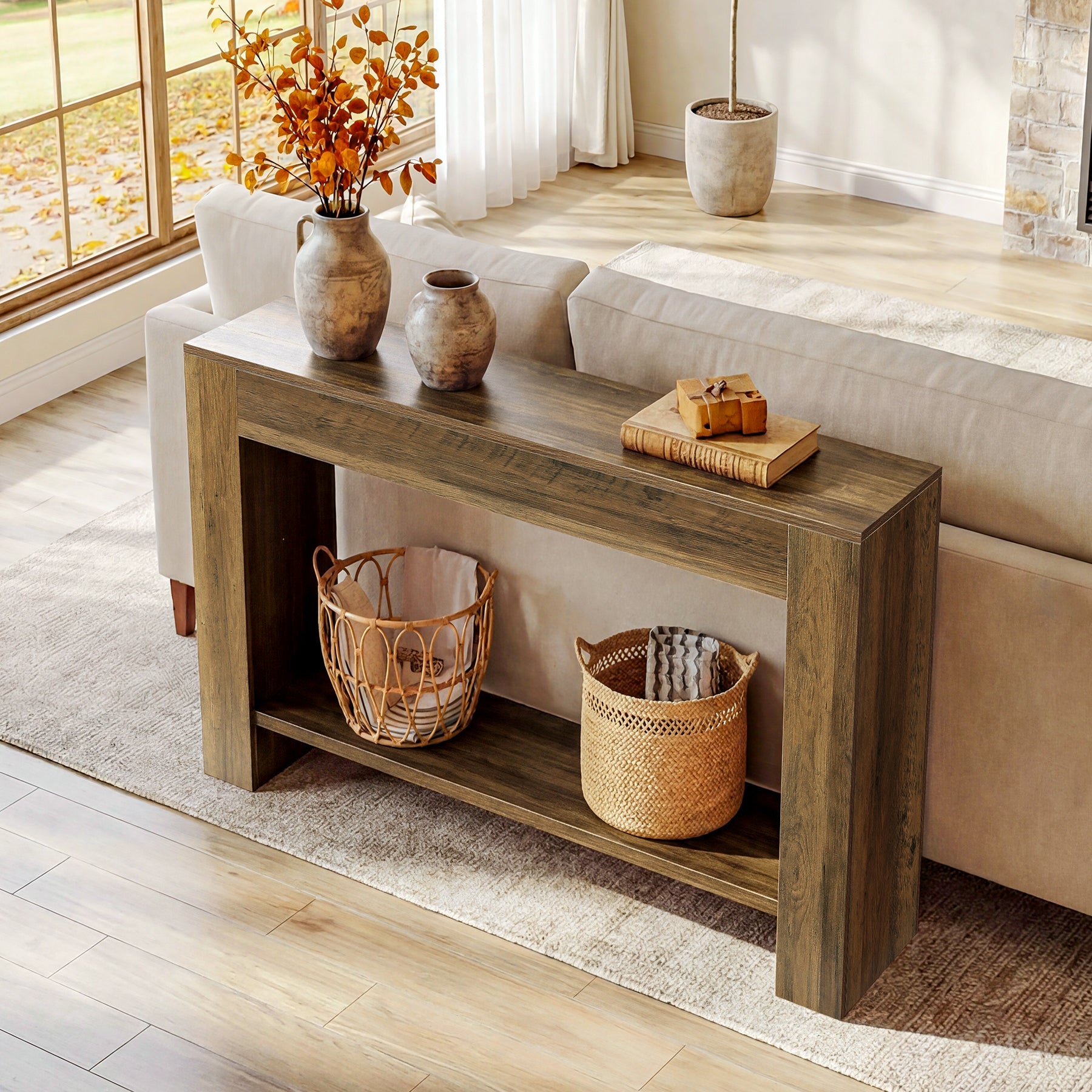 105cm Farmhouse Console Table with 2-Tier Shelf, Narrow Entryway Sofa Table with Storage