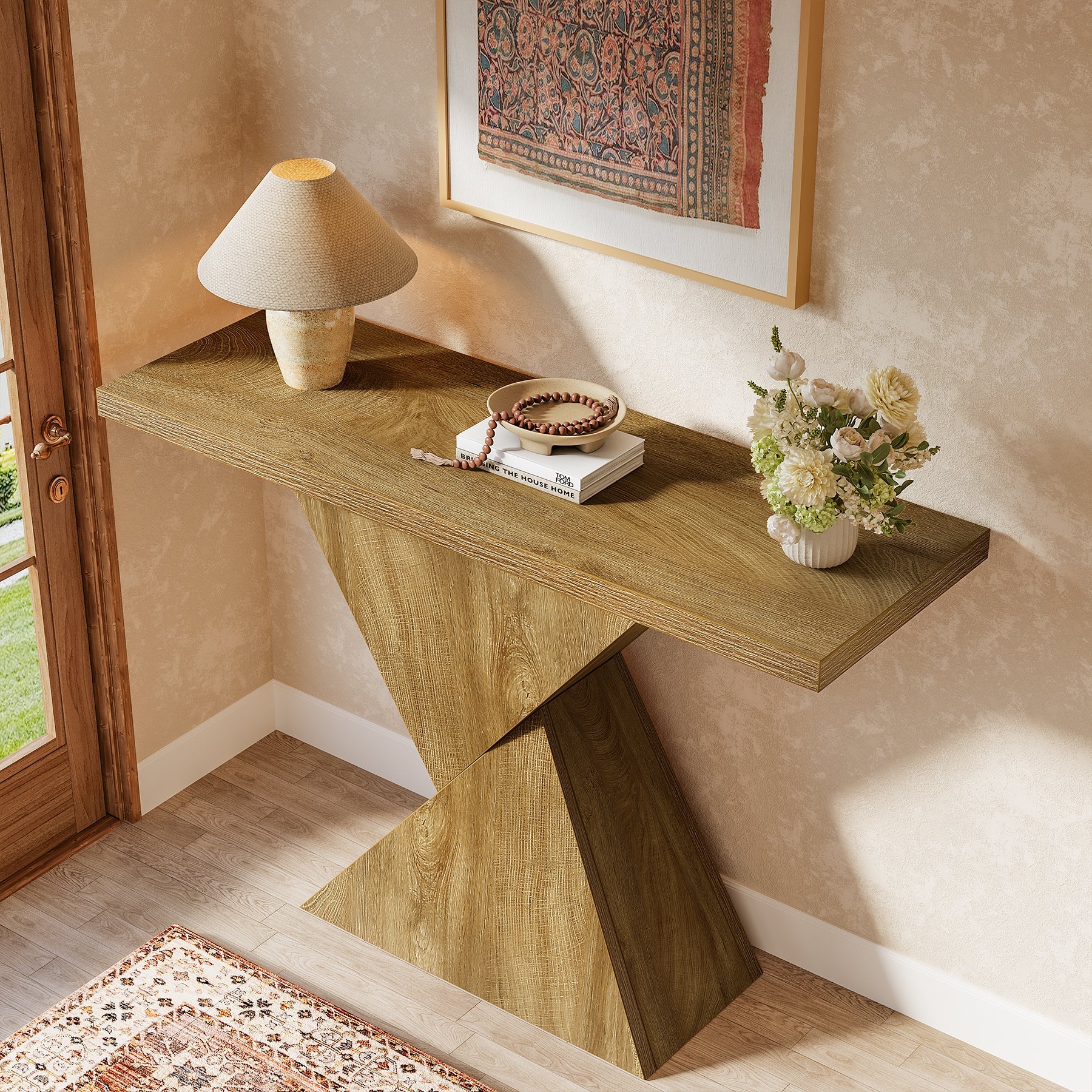 41.5" Narrow Farmhouse Console Table with Geometric Base, Entryway Sofa Table for Hallway, Foyer, or Behind Couch