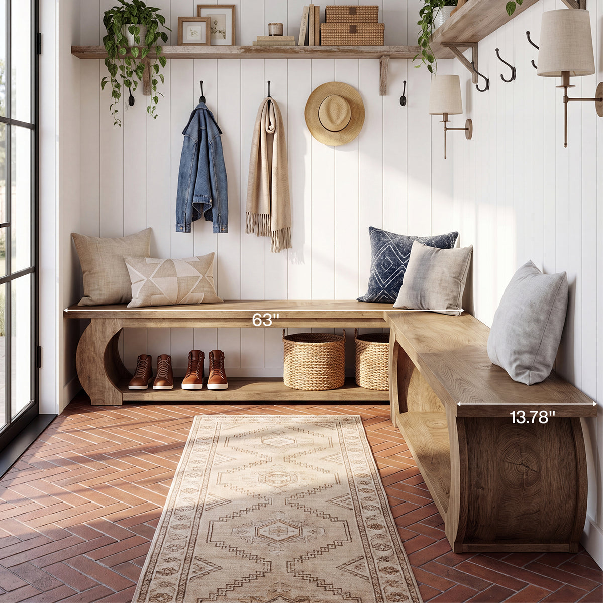 160cm Entryway Bench, Farmhouse Wooden Shoe Bench with Storage Shelf for Hallway