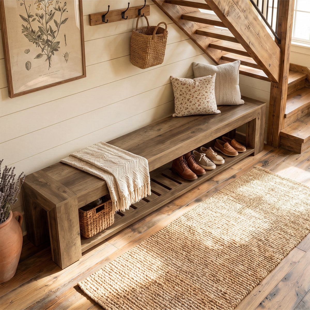 180cm Entryway Bench, 2-Tier Shoe Storage with Lower Open Shelf for 3-4 People