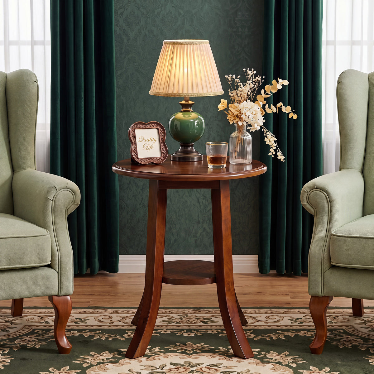 50cm Round Side Table, Vintage Solid Wood 2-Tier End Table with Curved Legs for Living Room