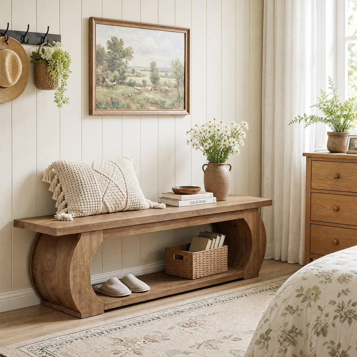 160cm Bedroom Bench, Country Storage Bench with Open Shelf & Curved Wood Frame