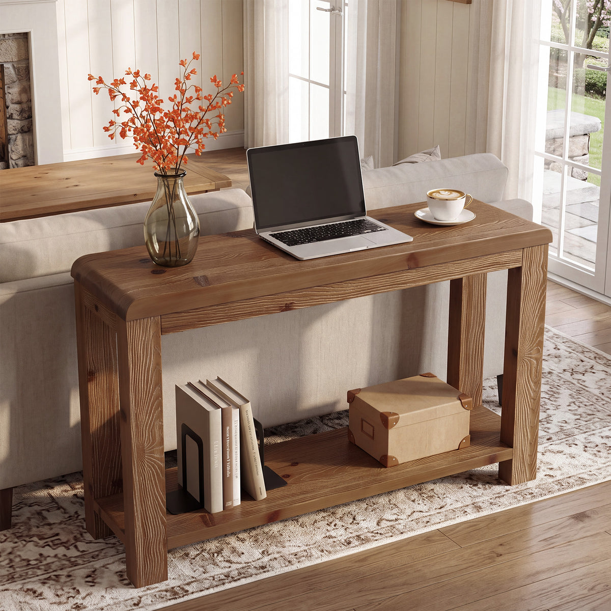 105cm Console Table, Solid Wood Farmhouse Sofa Table with Open Shelf Storage for Hallway Living Room