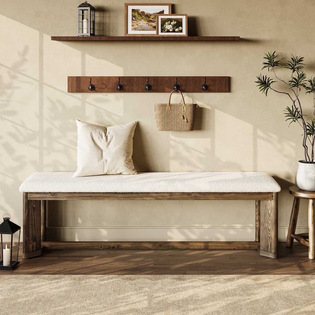Tribesigns Padded Solid Wood Shoe Bench with Faux Fur Seat, 140cm