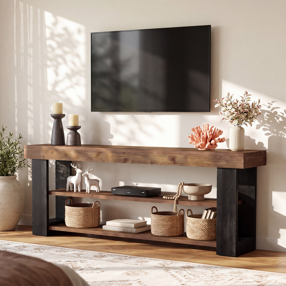 160cm TV Stand, Farmhouse Solid Wood Media Console for 65-70" TVs