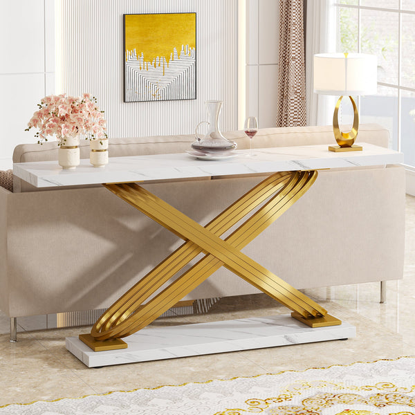 140cm Console Table, Modern Faux Marble Sofa Entryway Table