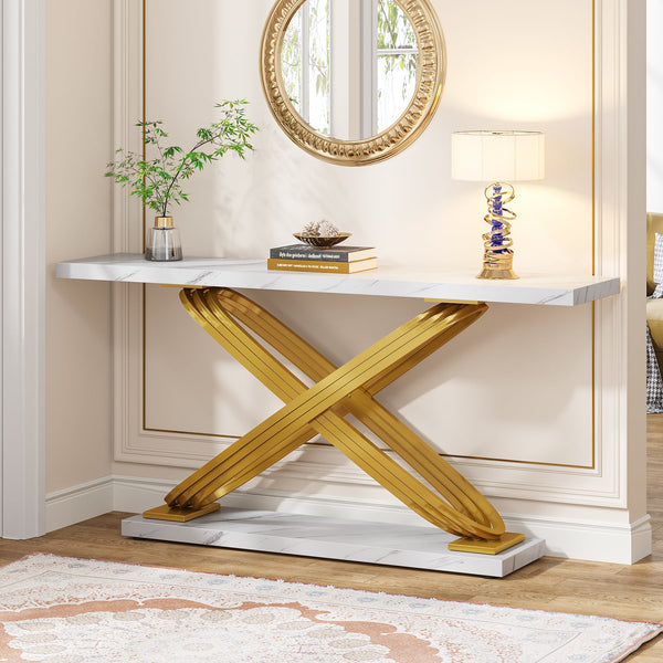 140cm Console Table, Modern Faux Marble Sofa Entryway Table