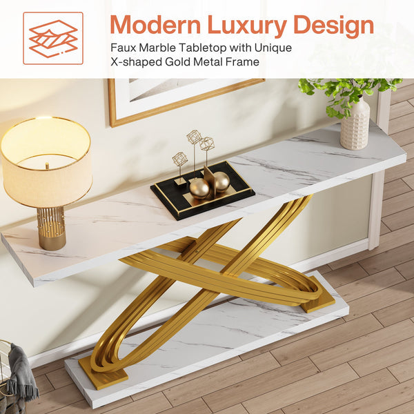 140cm Console Table, Modern Faux Marble Sofa Entryway Table