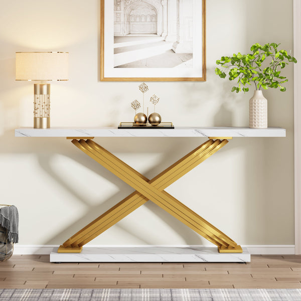 140cm Console Table, Modern Faux Marble Sofa Entryway Table