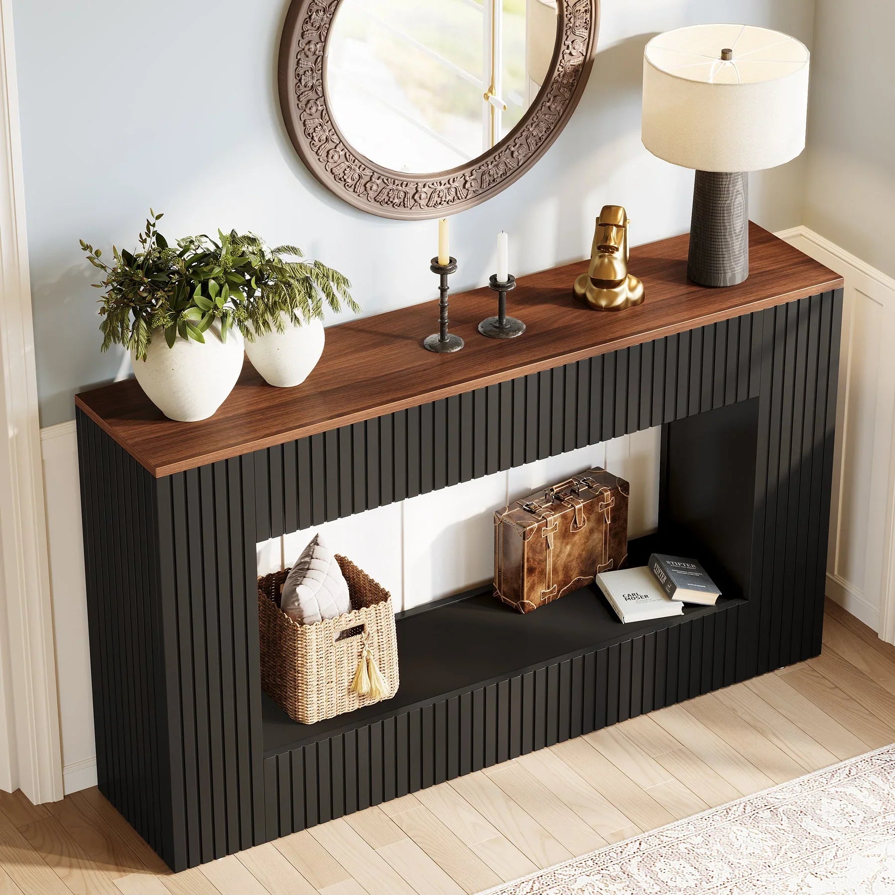 55" Console Table, Wood Entryway Table Sofa Table with Storage for Hallway