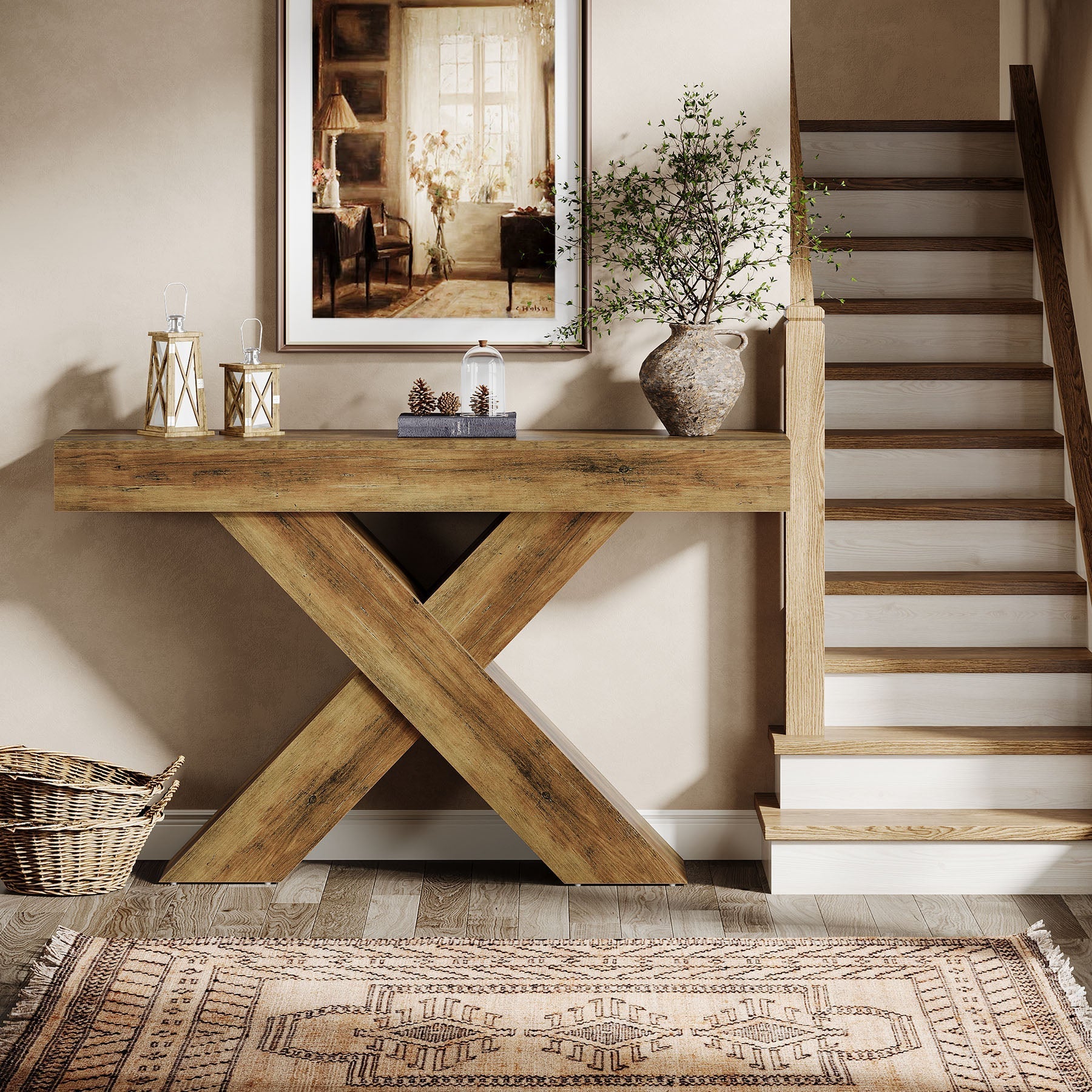 55" Console Table, Wooden Unique Design Sofa Foyer Table Tribesigns