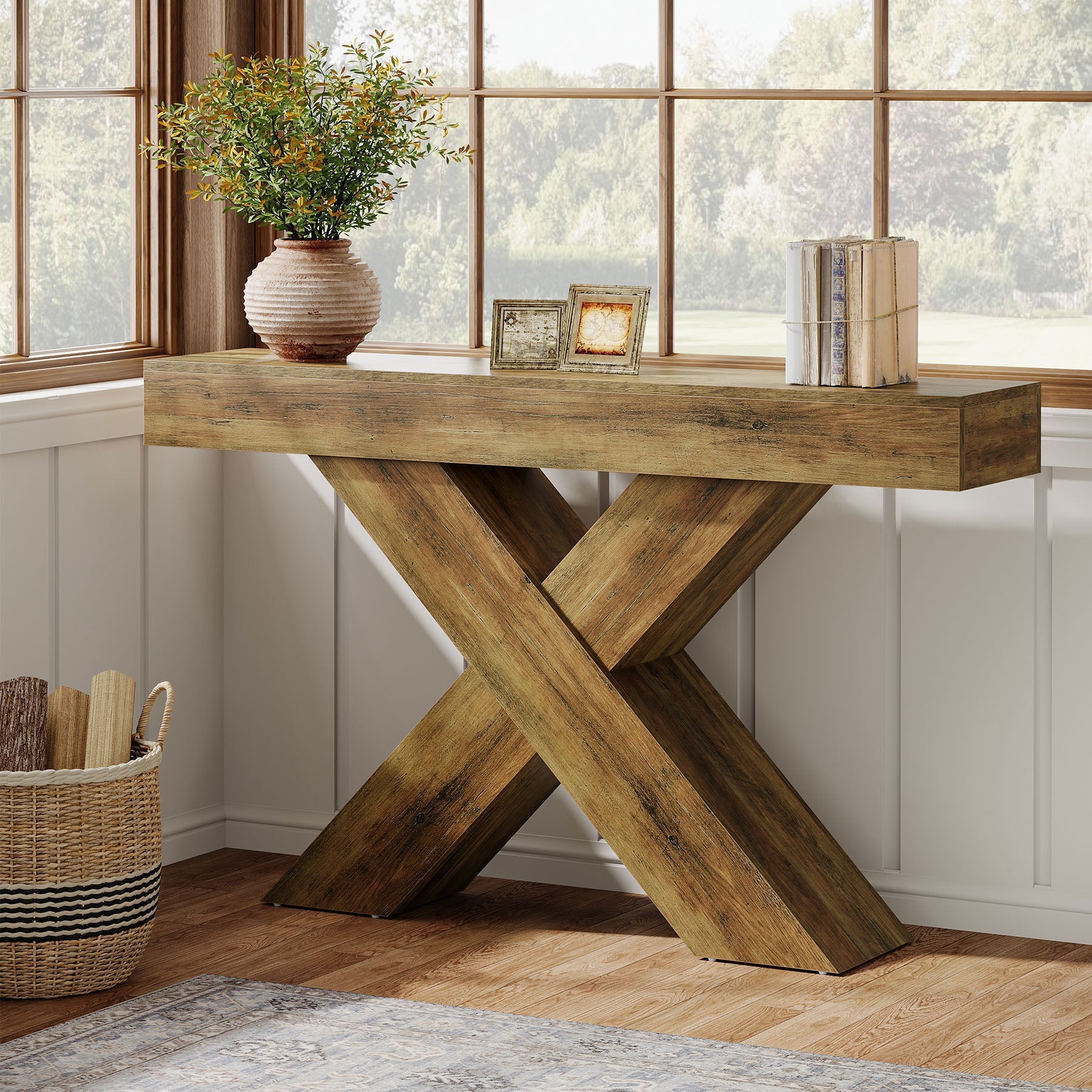 55" Console Table, Wooden Unique Design Sofa Foyer Table Tribesigns