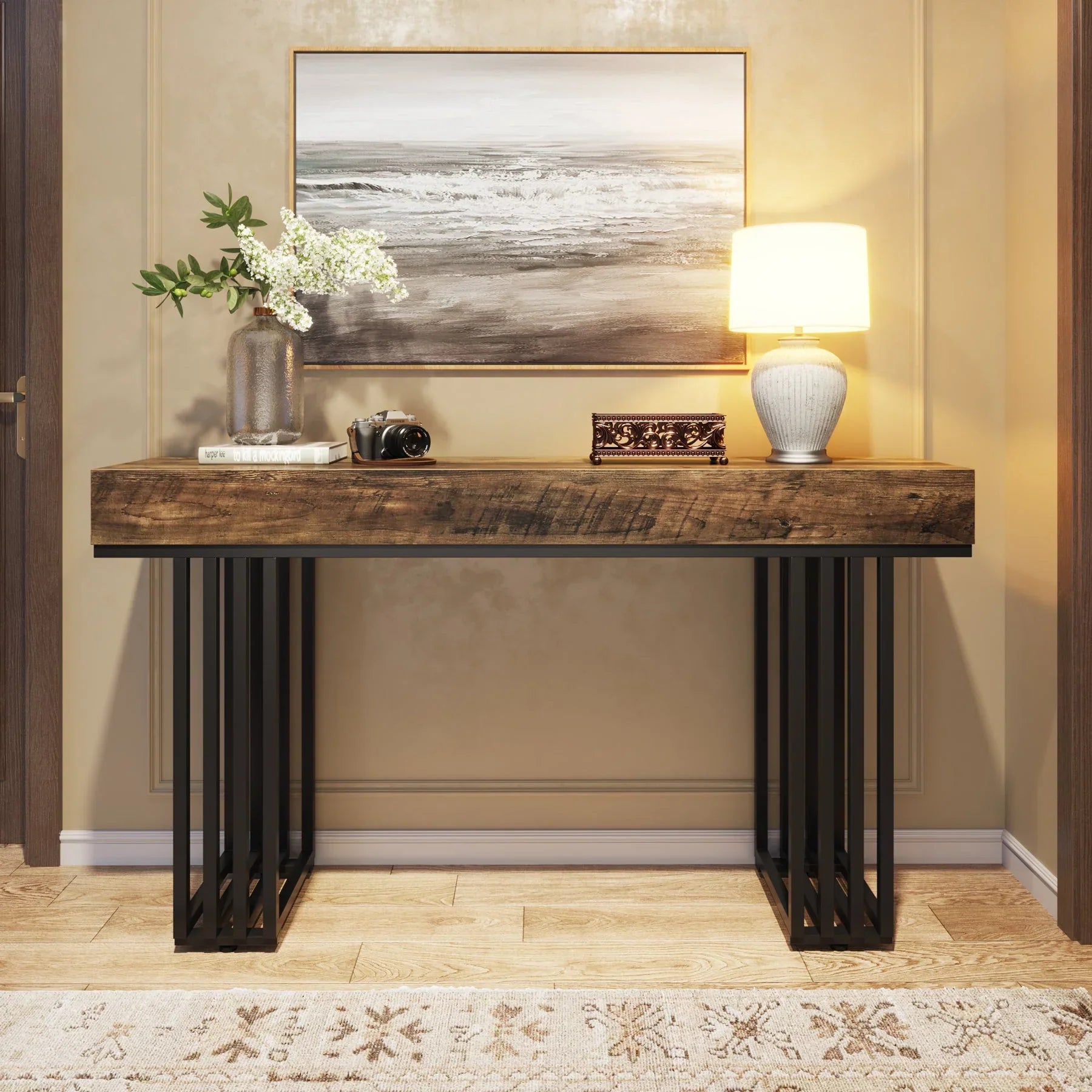 55" Console Table, Modern Entryway Table with Metal Legs