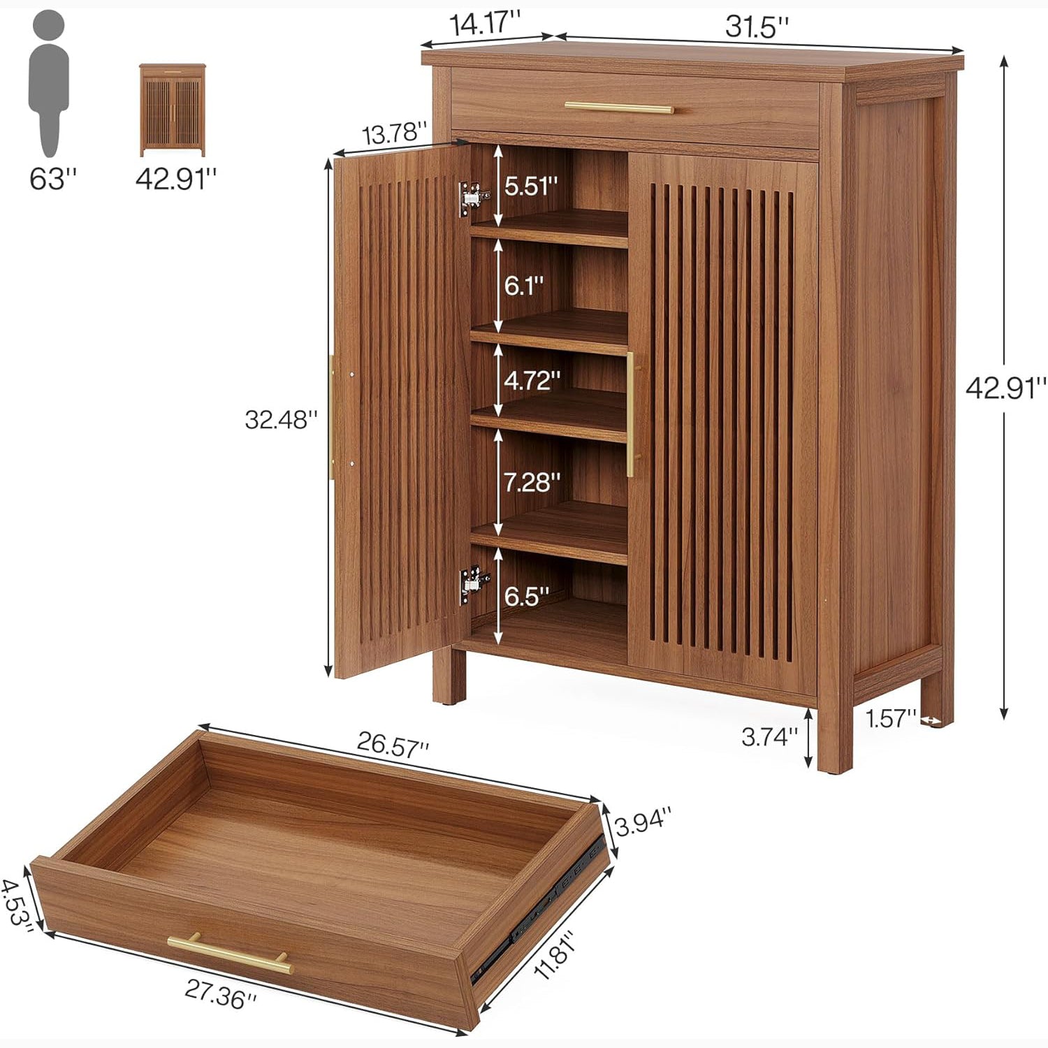 55" 5-Tier Shoe Cabinet, Louvered Door Storage Organizer with Drawer Shelves