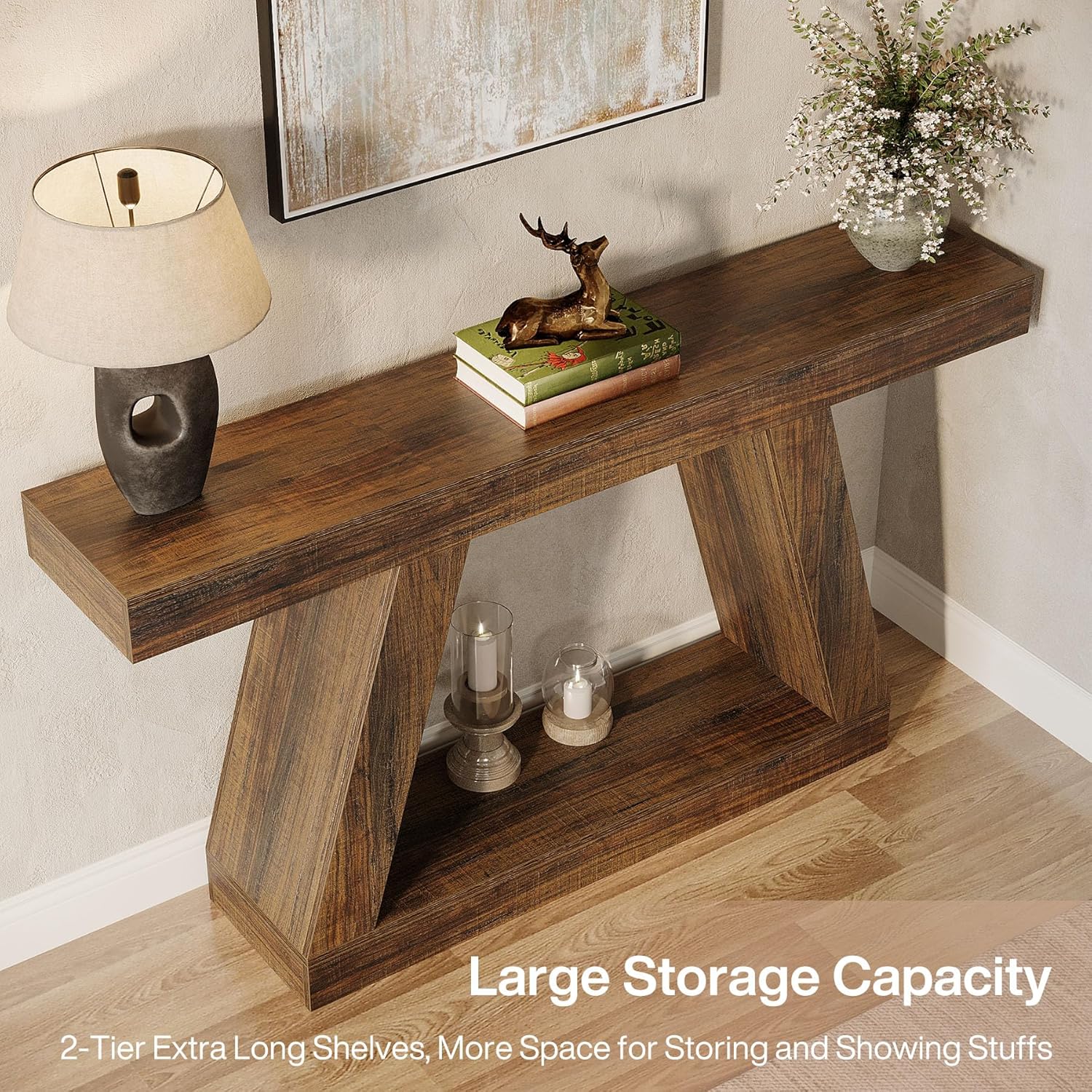 55" Farmhouse Console Table, Rustic Wooden Sofa Table with Storage