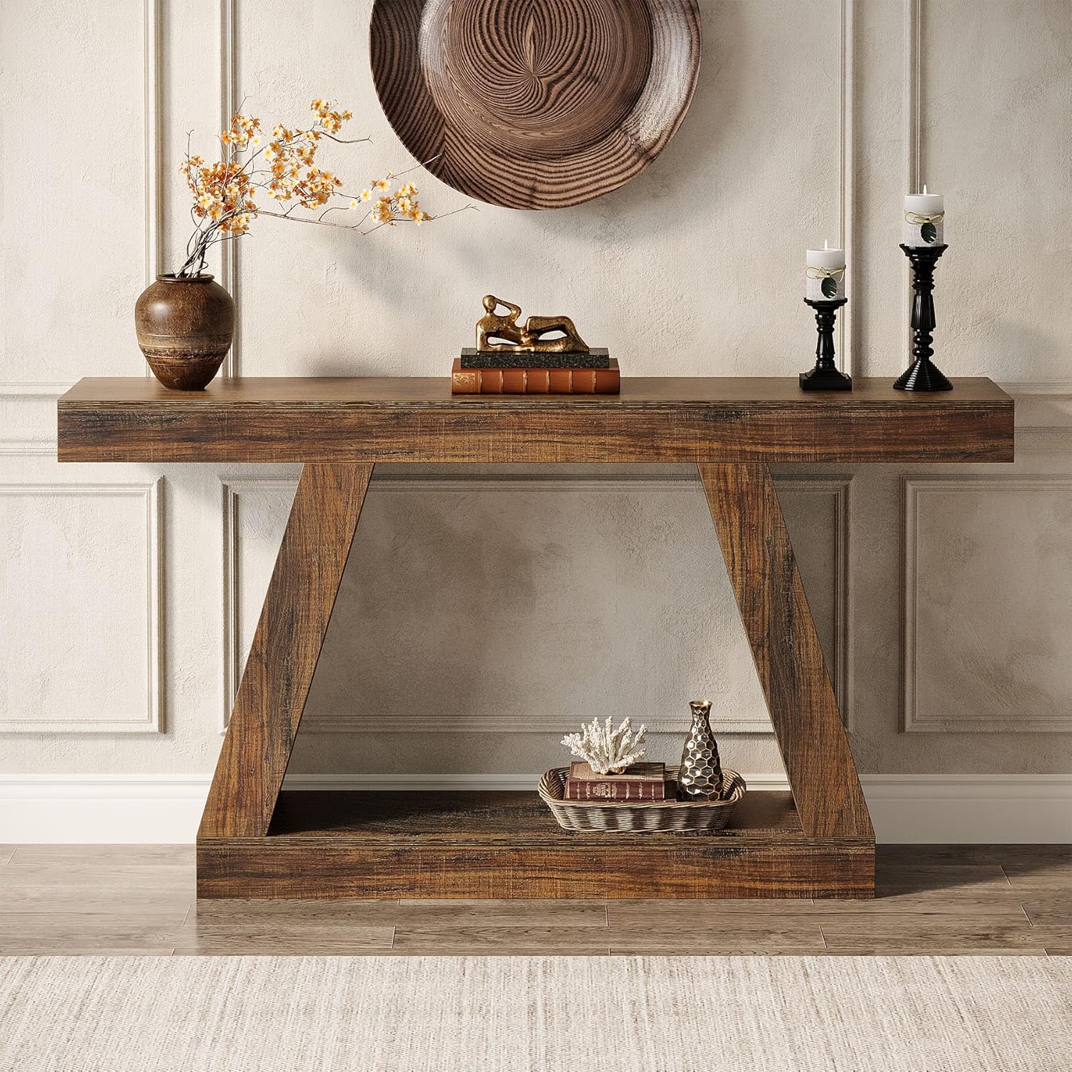 55" Farmhouse Console Table, Rustic Wooden Sofa Table with Storage