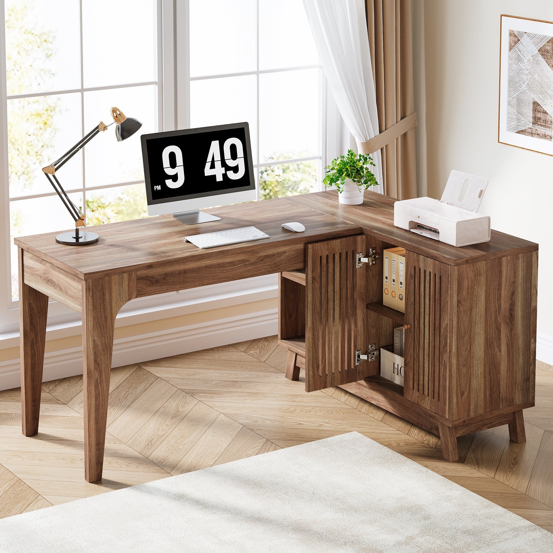 57" L - Shaped Corner Desk, Wood Computer Desk Study Writing Table with Cabinet Tribesigns