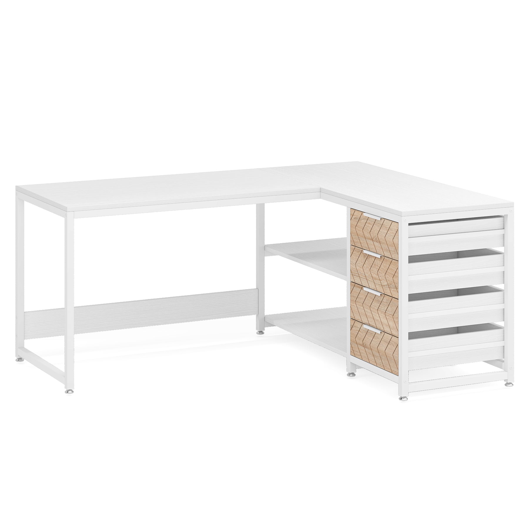 59" L-Shaped Desk, Reversible Corner Desk with Drawers & Shelves
