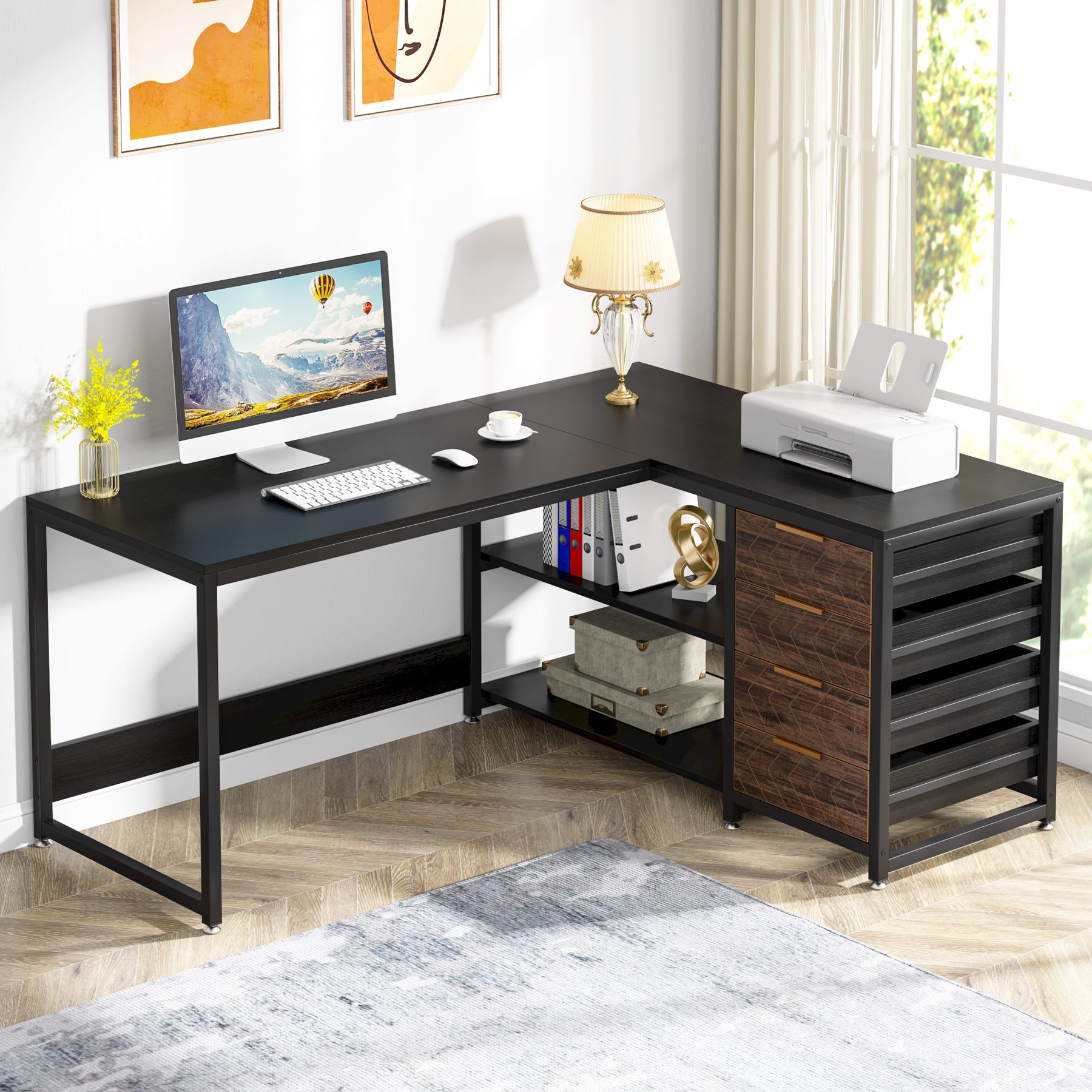 59" L-Shaped Desk, Reversible Corner Desk with Drawers & Shelves