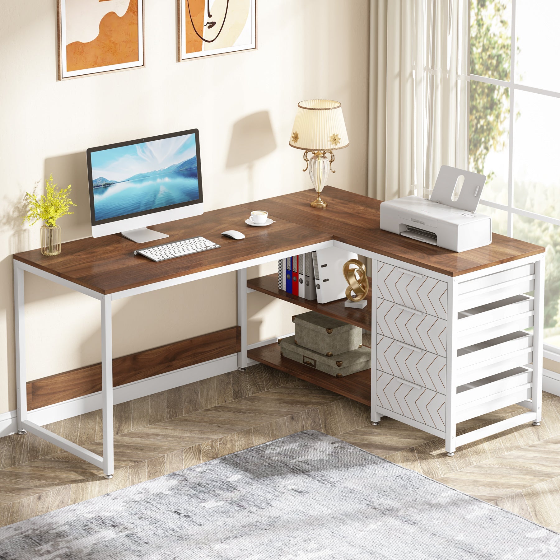 59" L-Shaped Desk, Reversible Corner Desk with Drawers & Shelves