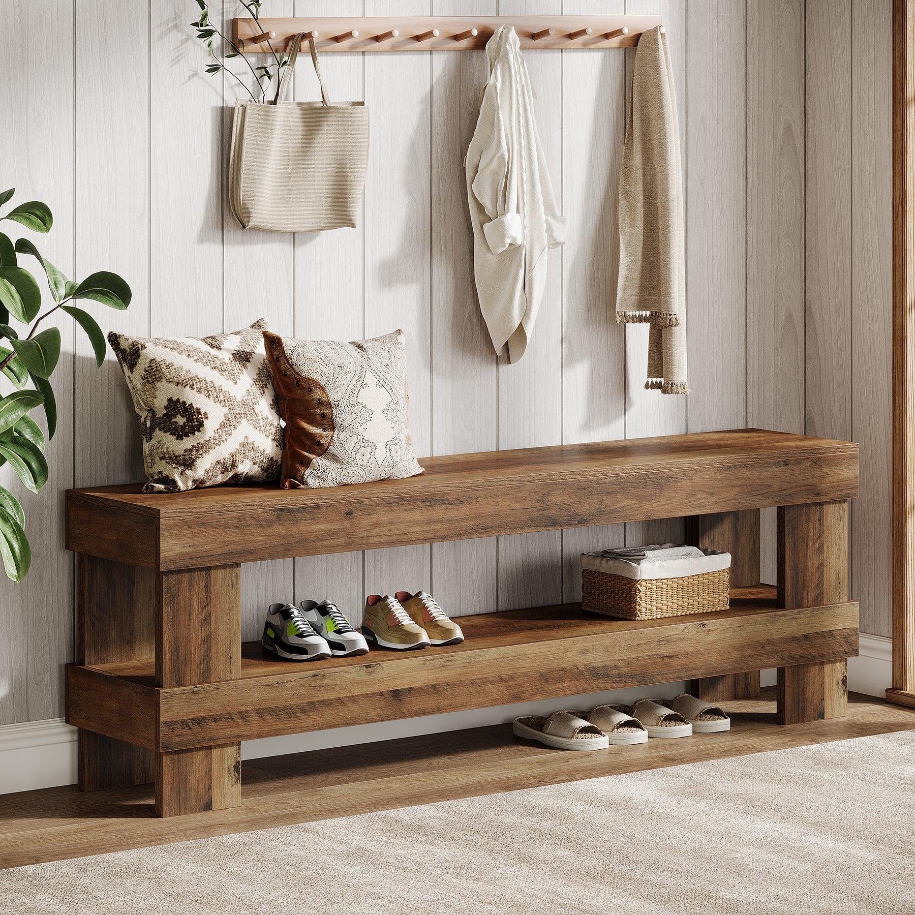 59" Entryway Bench, 2-Tier Shoe Bench Seat End of Bed Storage Benches