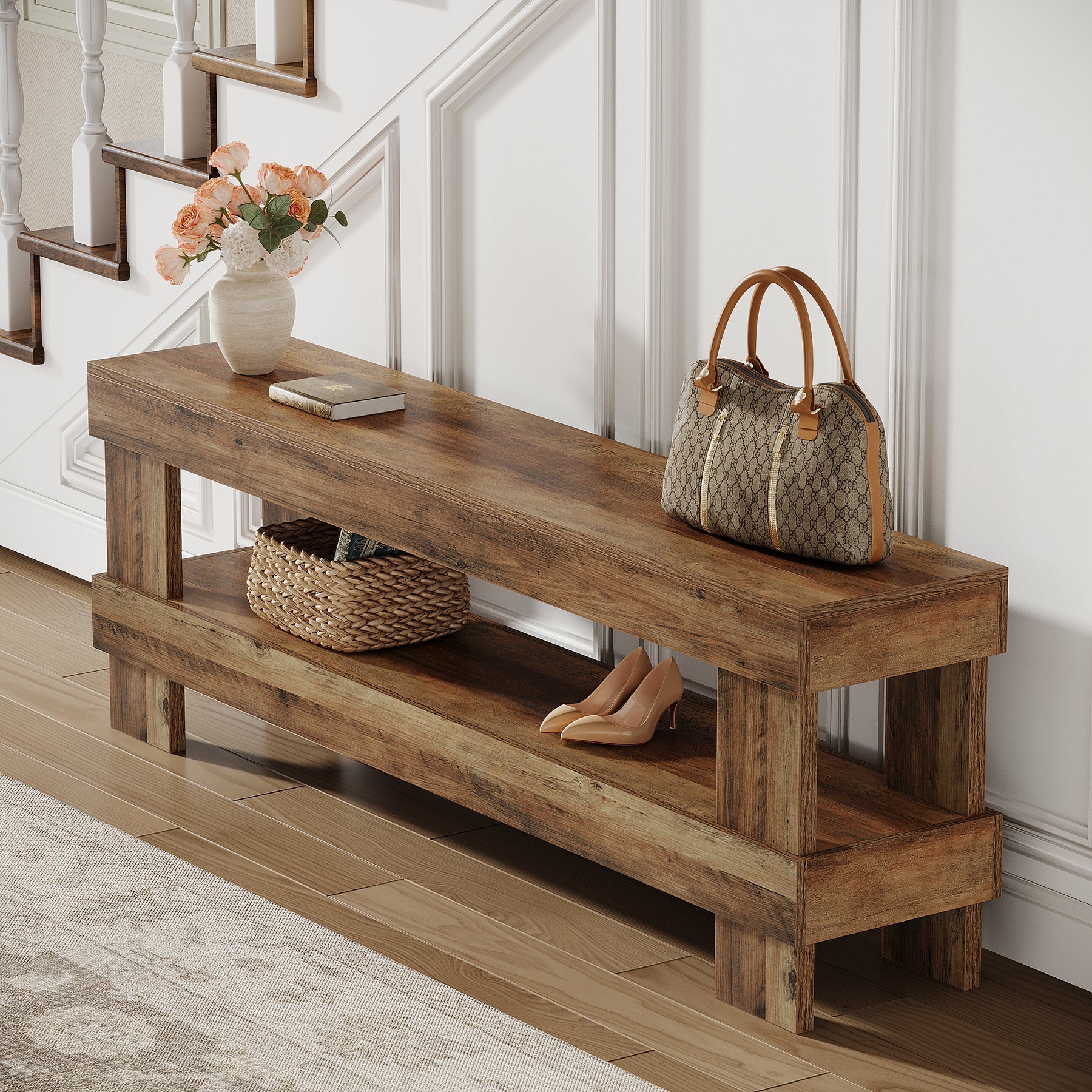 59" Entryway Bench, 2-Tier Shoe Bench Seat End of Bed Storage Benches
