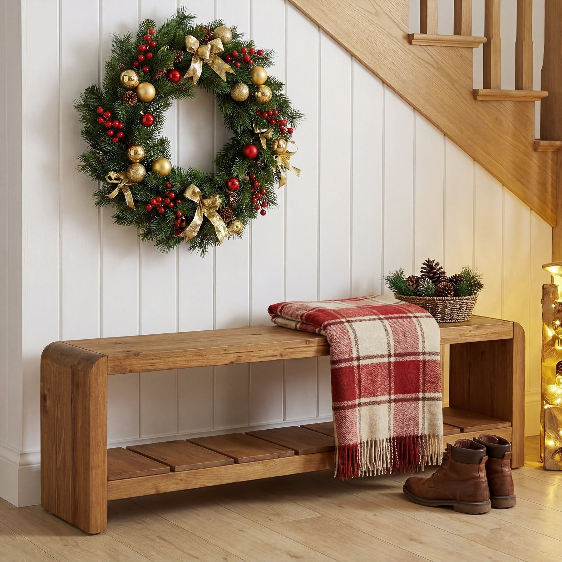59" Solid Wood Entryway Bench, Farmhouse End of Bed Seating Shoe Bench with Storage