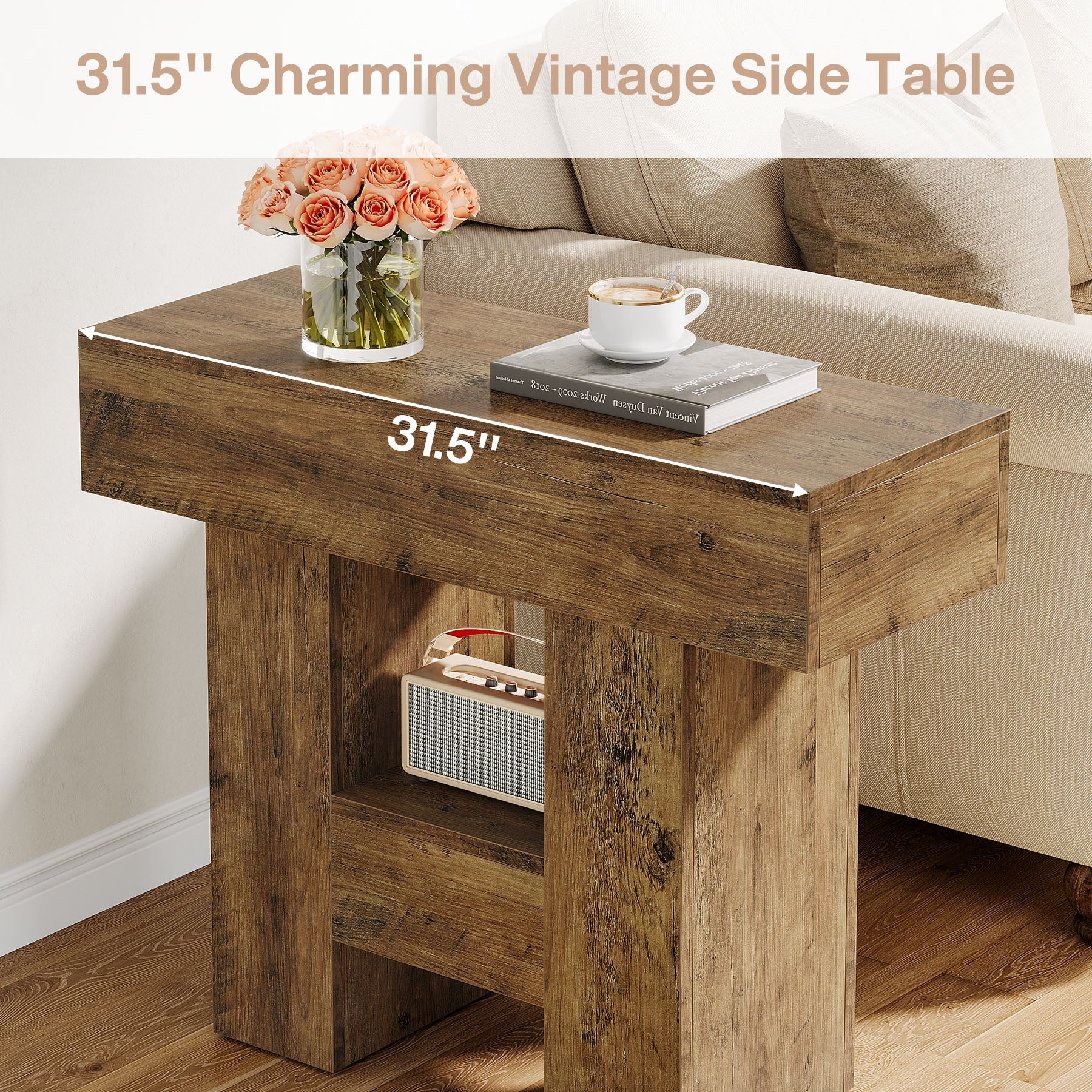 23.6" Farmhouse Narrow End Table with 2-Tier Storage Shelf, Sofa Side Table for Living Room