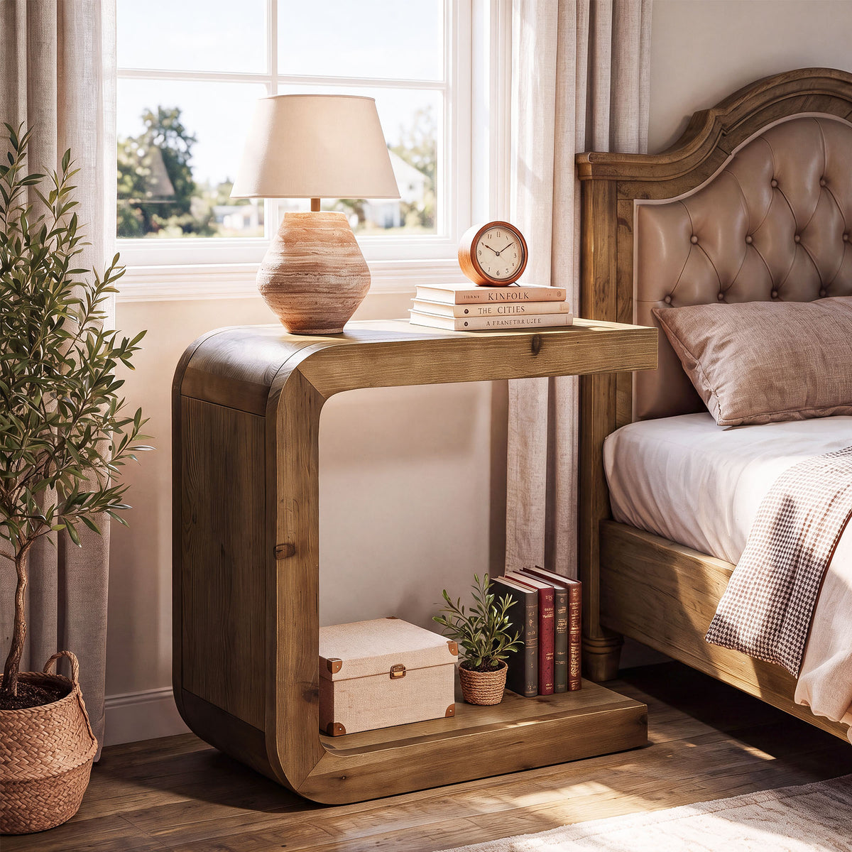 60cm C-Shaped Side Table, Solid Wood 2-Tier End Table with Storage