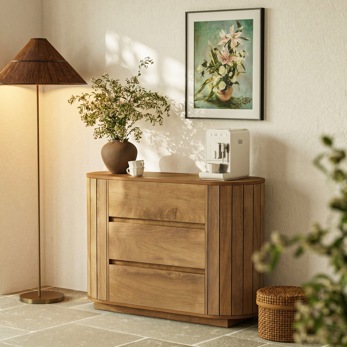 90cm Chest of Drawers, Modern Oak Effect 3-Drawer Cabinet with Slatted Sides