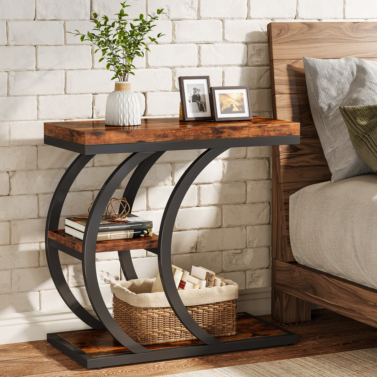 60cm End Table, 3-Tier Couch C-Shaped Side Table with Storage