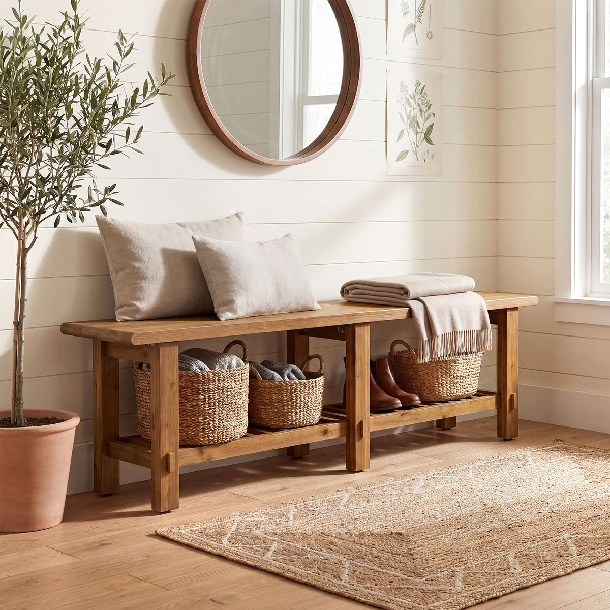 160cm Entryway Bench, Solid Wood Narrow End of Bed Bench with Shoe Storage