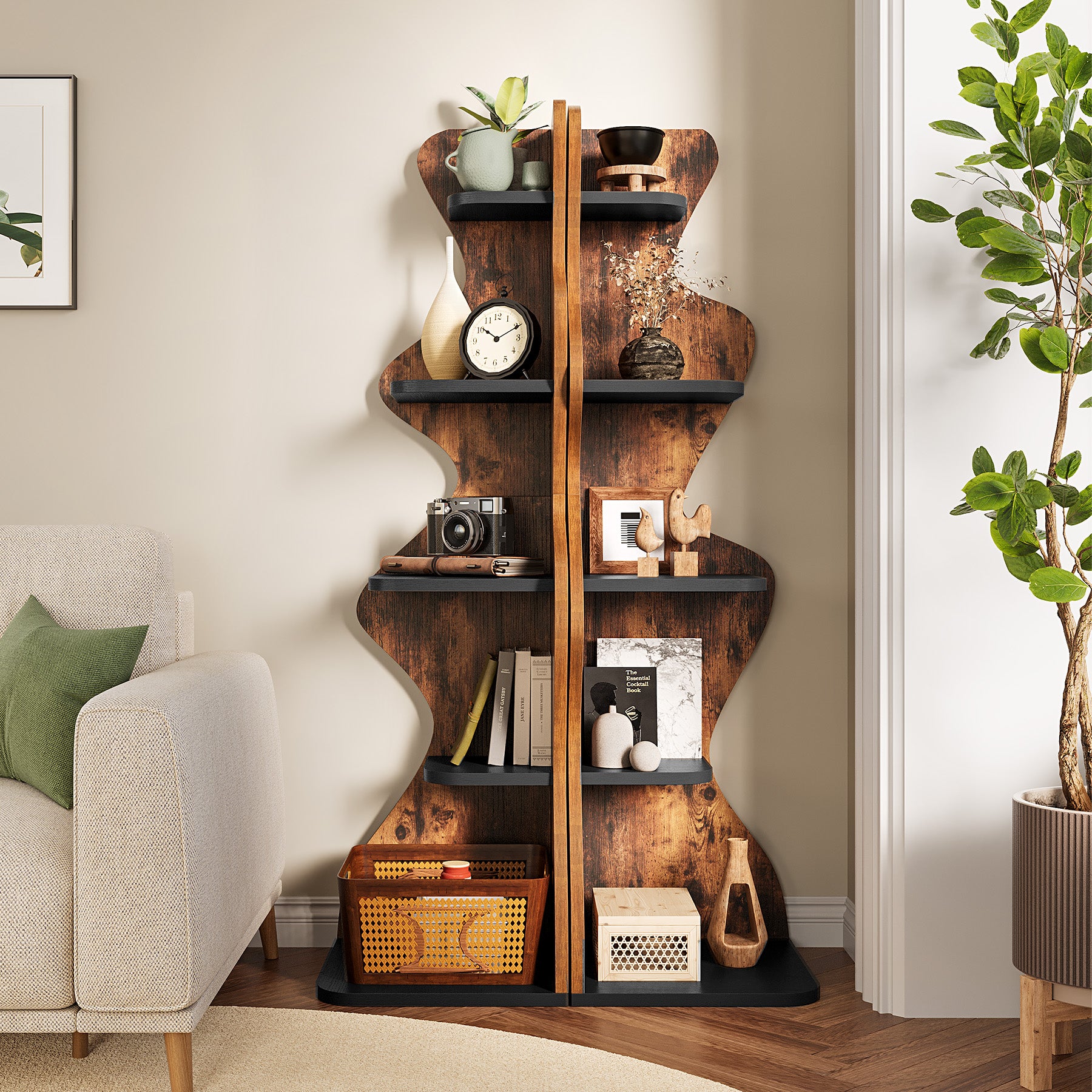 69" Wood Bookshelf, 5-Tier Corner Shelf Storage Plant Stand