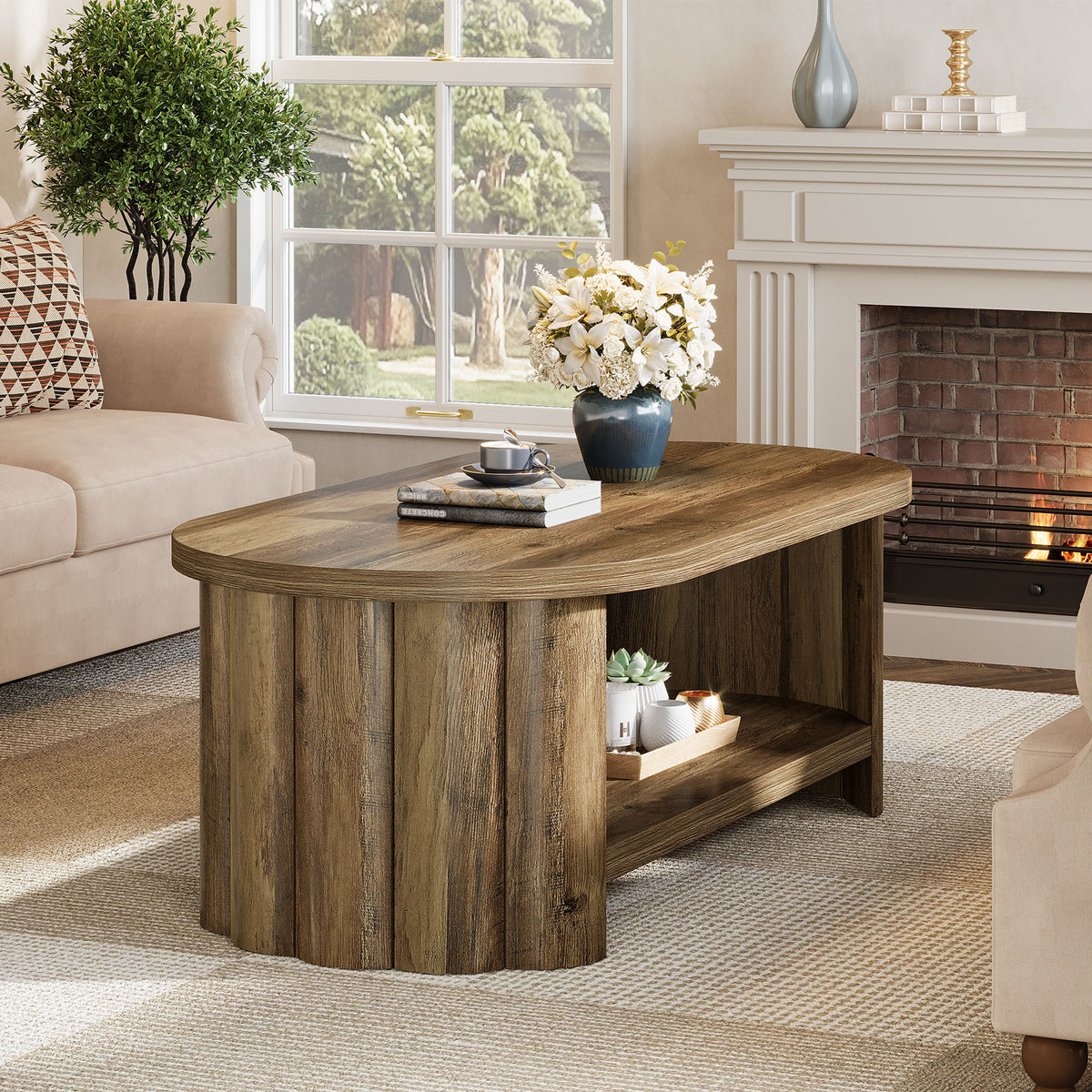 120cm Oval Coffee Table, Storage Shelf for Living Room